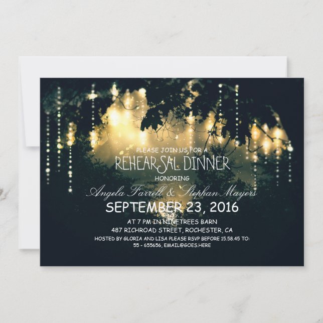 Enchanted string lights trees rehearsal dinner invitation (Front)