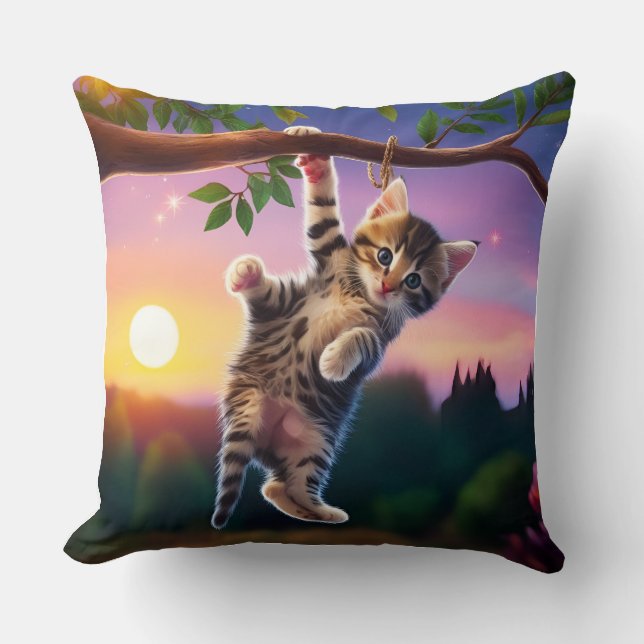 Enchanted Sunset Kitten on Branch Cushion (Front)