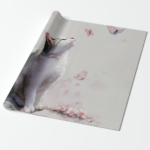 Enchanted Tabby Cat in a Butterfly Blossom Storm Wrapping Paper