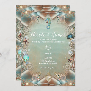 Enchanted Teal Under Sea Pearls Ribbon Wedding Invitation