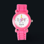 Enchanted Time: Personalised Unicorn Glittery Pink Watch<br><div class="desc">Delight your little one with the "Enchanted Time" Personalised Unicorn Watch, a perfect gift for birthdays or any special occasion. This charming watch features a whimsical rainbow-haired unicorn, adorned with a crown, floral accents, and sleepy cute lashes, set against a glittery pink background. Designed with kids in mind, the watch...</div>