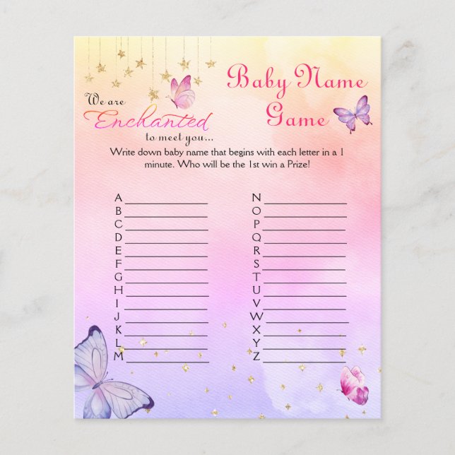 Enchanted To Meet Butterfly Baby Shower Name Game (Front)