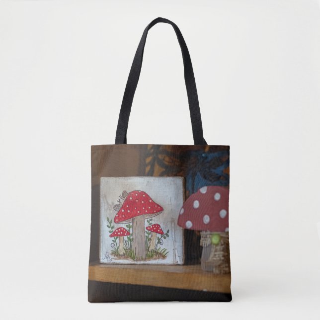 Enchanted Toadstools - Hand-Painted Canvas Art Tote Bag (Front)