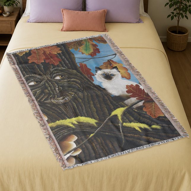 Enchanted Tree Ent Autumn Leaves Siamese Cat Throw Blanket (Creator Uploaded)