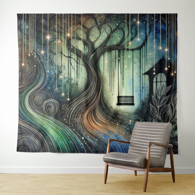 Enchanted Tree Swing and Glowing Lights at Night Tapestry (In Situ (Horizontal))