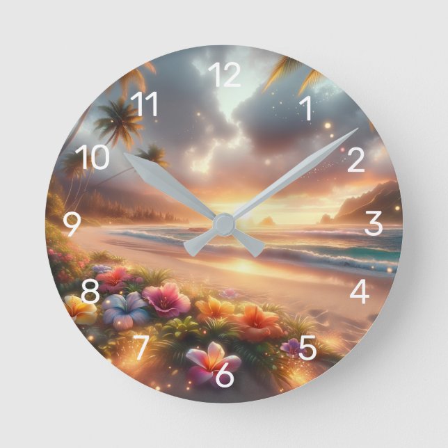Enchanted Tropical Beach with Magical Hibiscus Round Clock (Front)