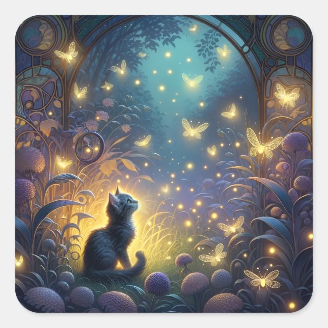 Enchanted Twilight Art Nouveau Kitten Square Sticker (Front)