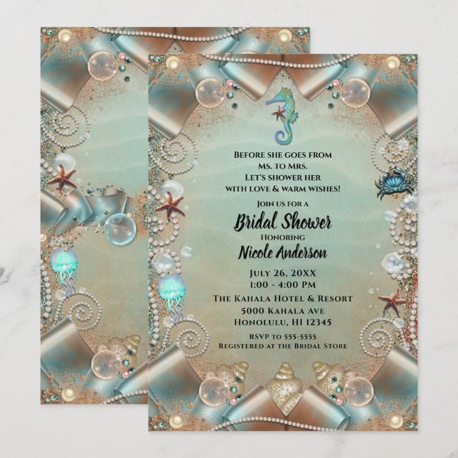 Enchanted Under Sea Pearls Ribbon Bridal Shower In Invitation (Front/Back)