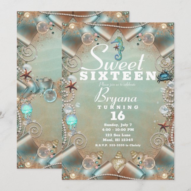 Enchanted Under The Sea Pearls & Ribbon Sweet 16 Invitation (Front/Back)