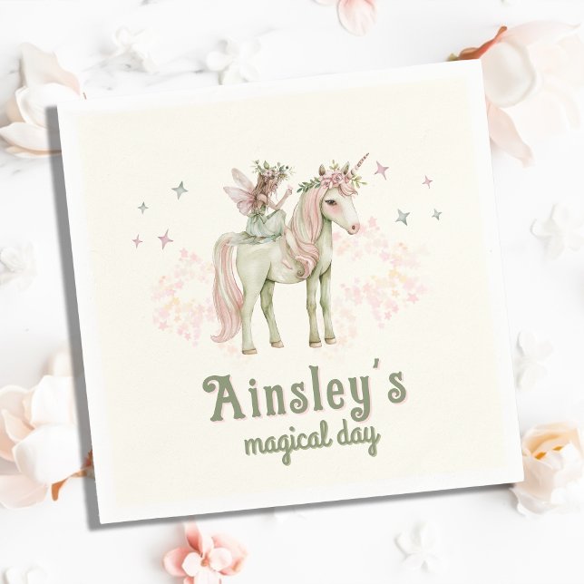 Enchanted Unicorn and Fairy Personalised Birthday Napkin (Creator Uploaded)