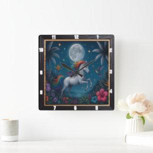 Enchanted Unicorn Tropical Night Square Wall Clock