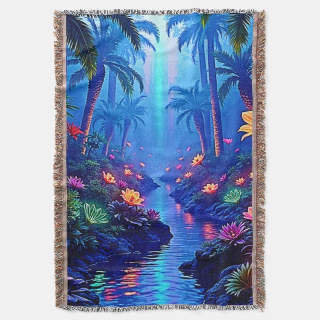 Enchanted Vibrant River Forest Dream Throw Blanket (Front Vertical)