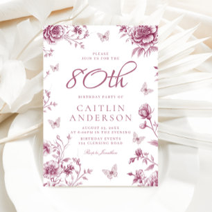 Enchanted Vintage Dusty Rose Floral 80th Birthday Invitation