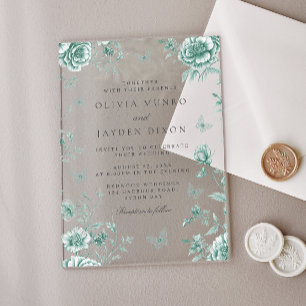 Enchanted Vintage Green Sage Floral Wedding Acrylic Invitations