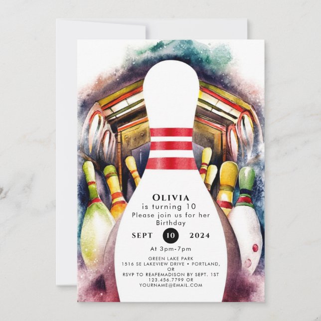 Enchanted Watercolor Custom Bowling Birthday Invitation (Front)