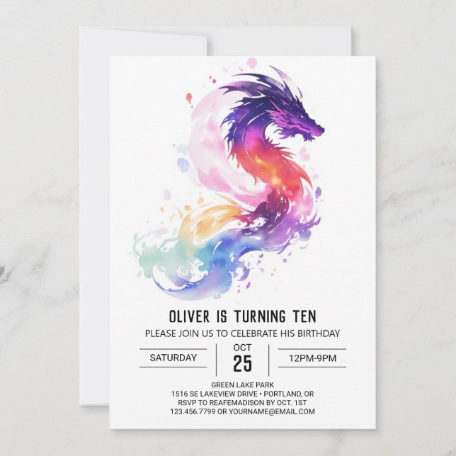 Enchanted Watercolor Kids Dragon Birthday Invitation (Front)