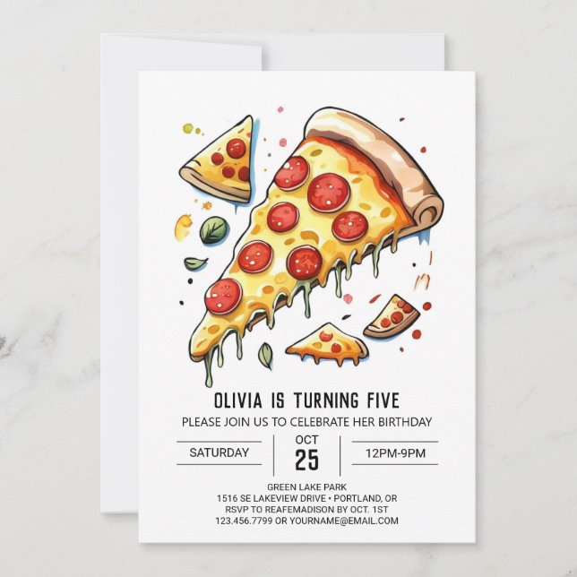  Enchanted Watercolor Pizza Birthday Invitation (Front)