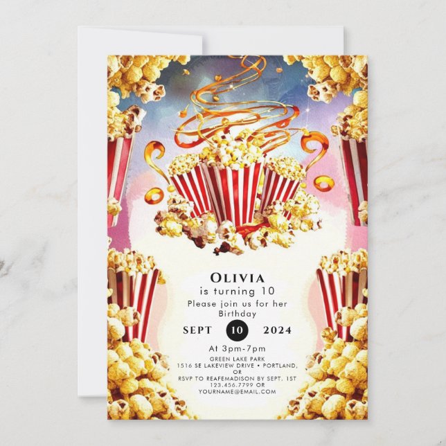 Enchanted Watercolor Popcorn Birthday Invitation (Front)
