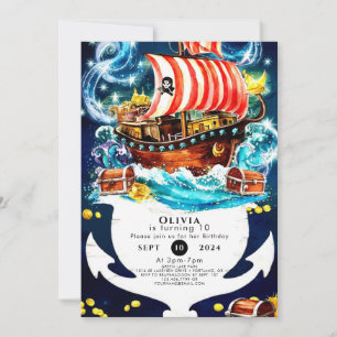 Enchanted Watercolor Ship Pirate Birthday Invitation