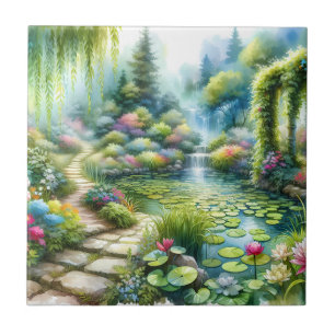 Enchanted Waterfall Garden Lily Pond Ceramic Tile