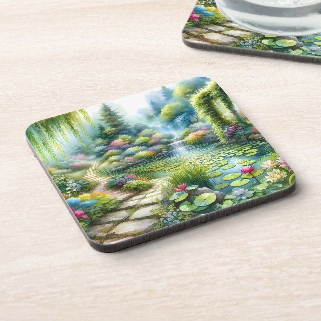 Enchanted Waterfall Garden Lily Pond Coaster (Left Side)