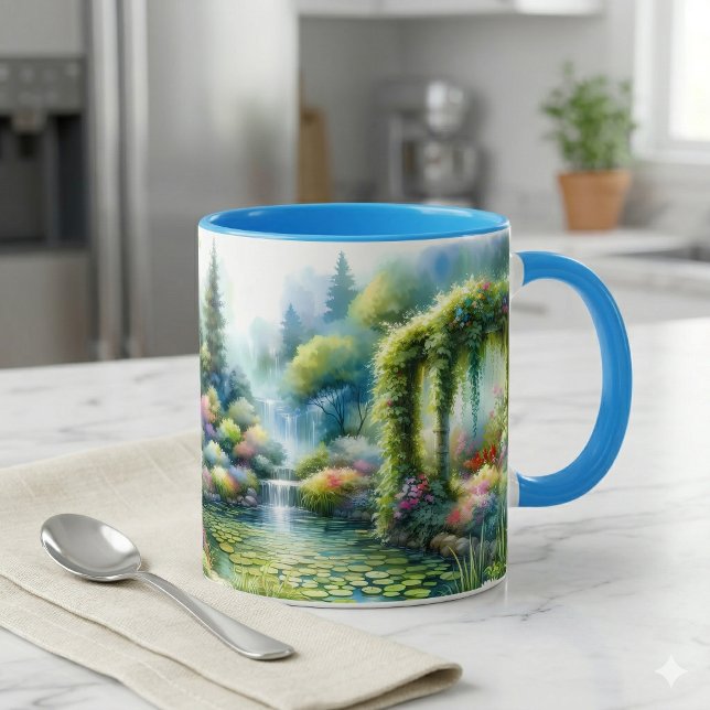 Enchanted Waterfall Garden Lily Pond Mug (Enchanted Waterfall Garden Lily Pond Mug On Marble Counter)