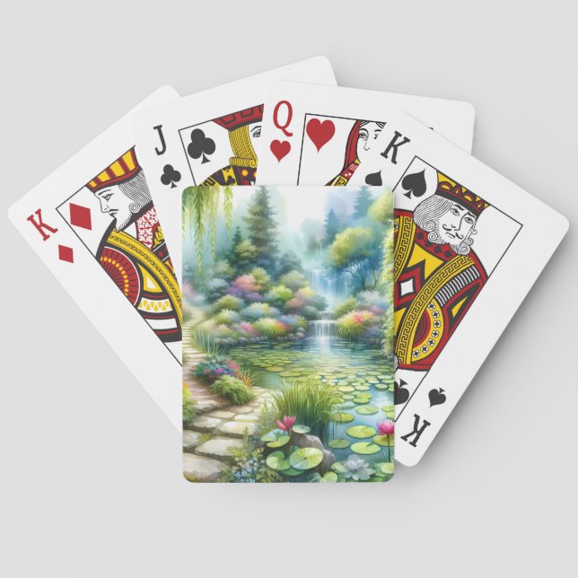 Enchanted Waterfall Garden Lily Pond Playing Cards (Back)