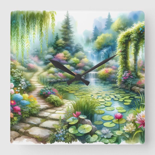 Enchanted Waterfall Garden Lily Pond Square Wall Clock (Front)