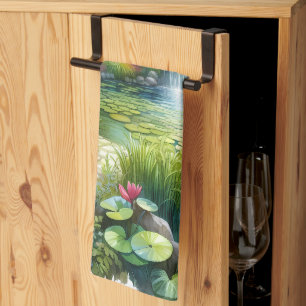 Enchanted Waterfall Garden Lily Pond Tea Towel