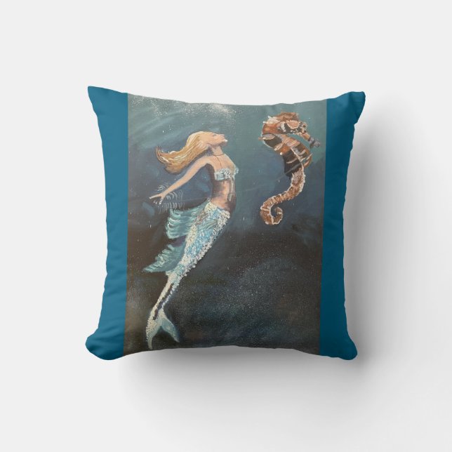 Enchanted Waters: A Mermaid and her Seahorse Cushion (Front)