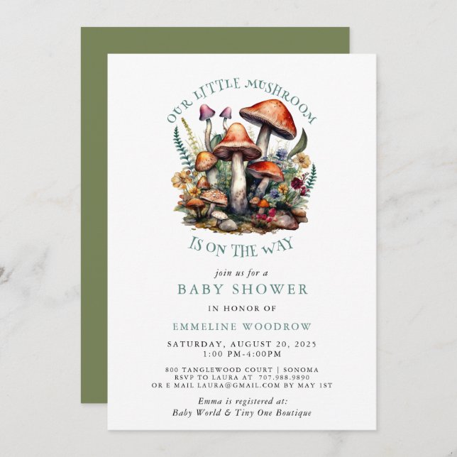 Enchanted Whimsical Mushrooms Woodland Baby Shower Invitation (Front/Back)