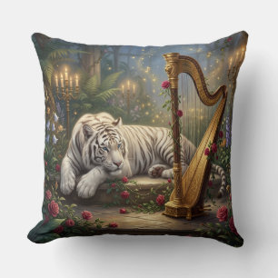 Enchanted White Tiger Garden – Golden Harp & Roses Cushion
