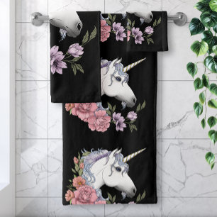 Enchanted White Unicorn Flowers Pink Black Bath Towel Set