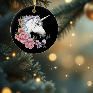 Enchanted White Unicorn Flowers Pink Black Ceramic Ornament
