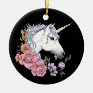 Enchanted White Unicorn Flowers Pink Black Ceramic Ornament