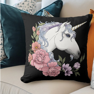 Enchanted White Unicorn Flowers Pink Black Cushion