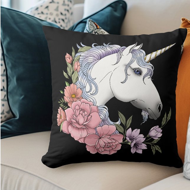 Enchanted White Unicorn Flowers Pink Black Cushion (Creator Uploaded)