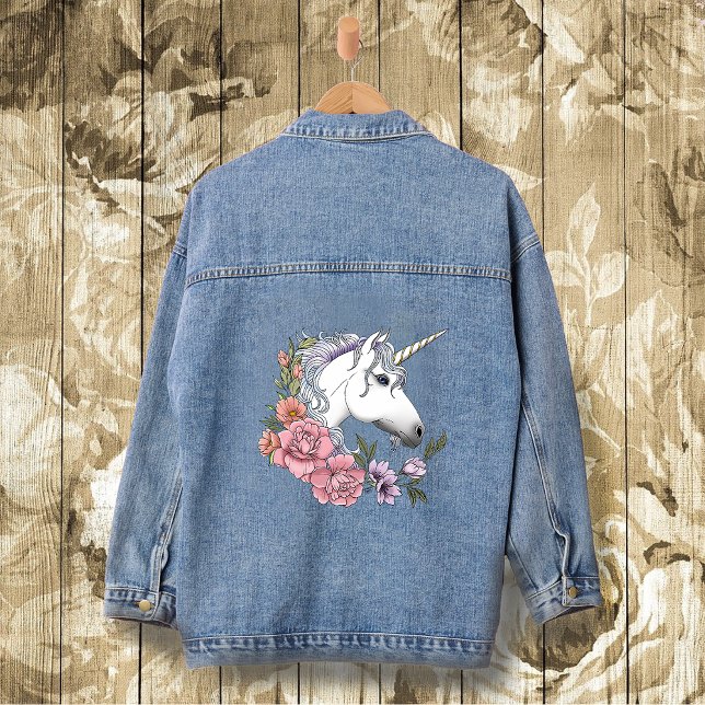 Enchanted White Unicorn Flowers Pink Black Denim Jacket (Creator Uploaded)