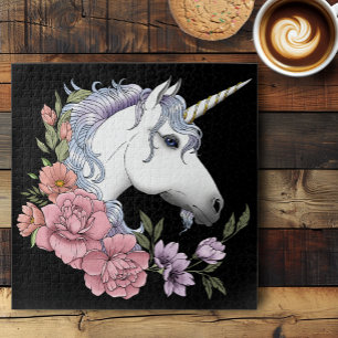 Enchanted White Unicorn Flowers Pink Black Jigsaw Puzzle