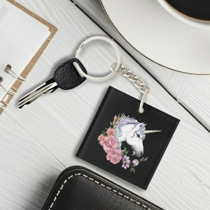 Enchanted White Unicorn Flowers Pink Black Key Ring