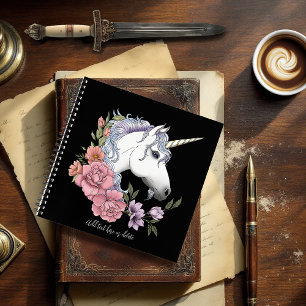 Enchanted White Unicorn Flowers Pink Black Notebook