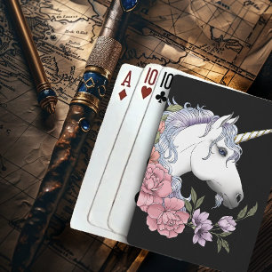 Enchanted White Unicorn Flowers Pink Black Playing Cards