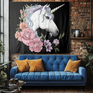 Enchanted White Unicorn Flowers Pink Black Tapestry