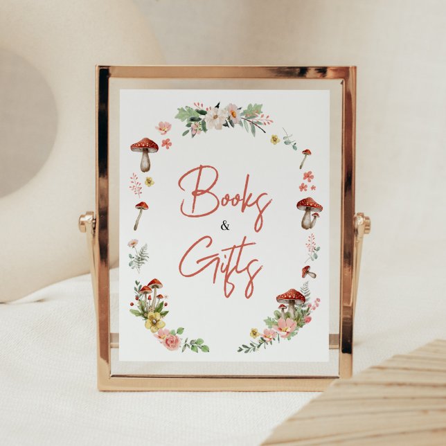 Enchanted Wildflower Mushroom Books and Gifts Poster (Enchanted Mushroom Baby Shower Books and Gifts Sign)