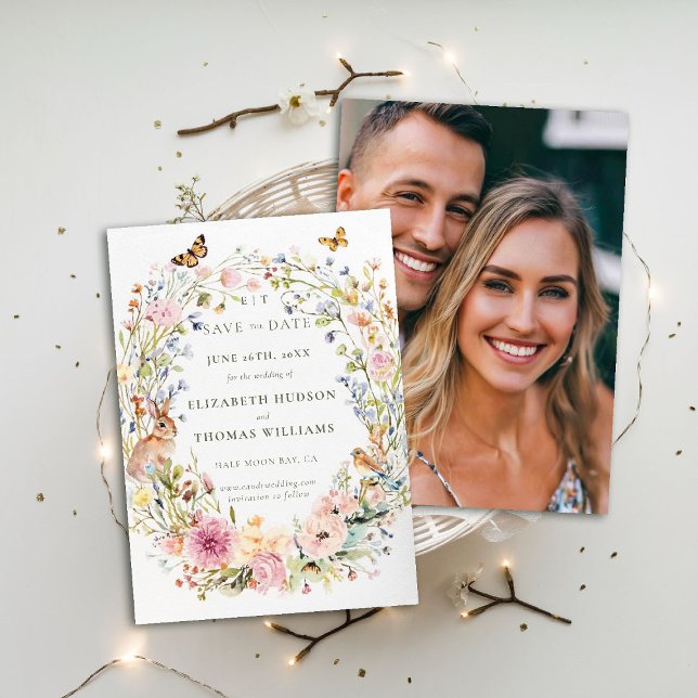 Enchanted Wildflowers Chic Photo Wedding Save Date Invitation (wildflowers wedding save the date photo enchanted garden woodland forest butterfly rabbit fairytale)