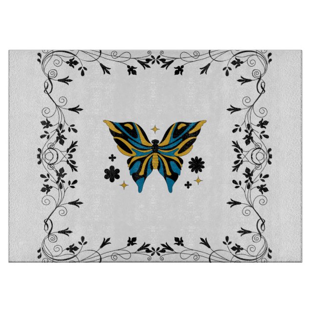 Enchanted Wings – Black and Blue Butterfly Cutting Board (Front)