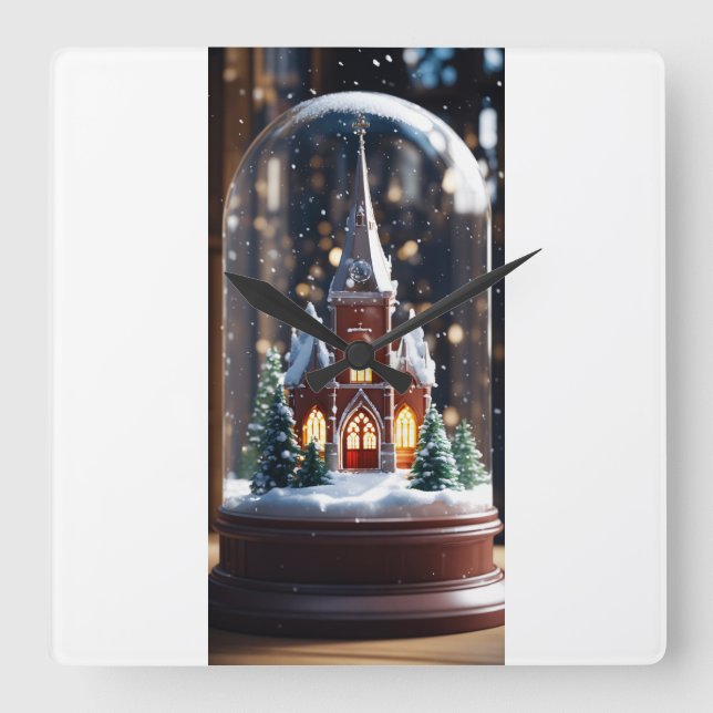 "Enchanted Winter Church in a Snow Globe" Square Wall Clock (Front)