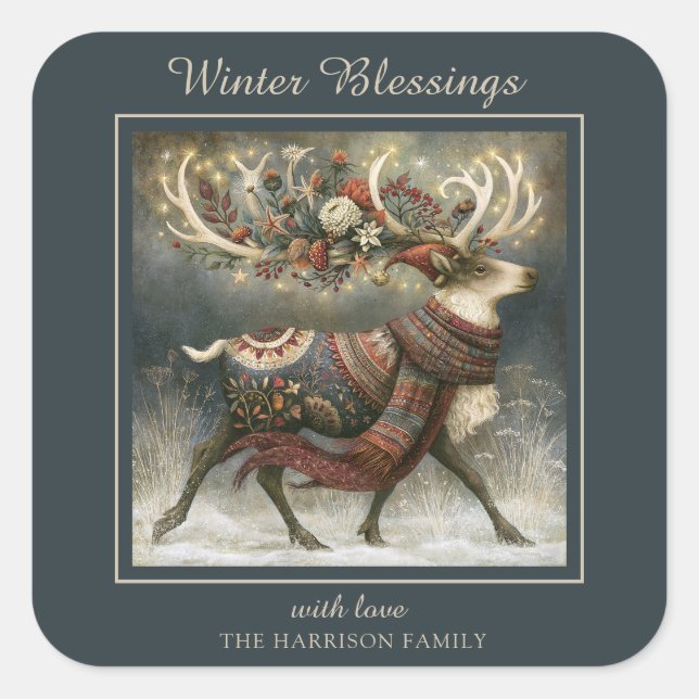 Enchanted Winter Deer Square Sticker (Front)
