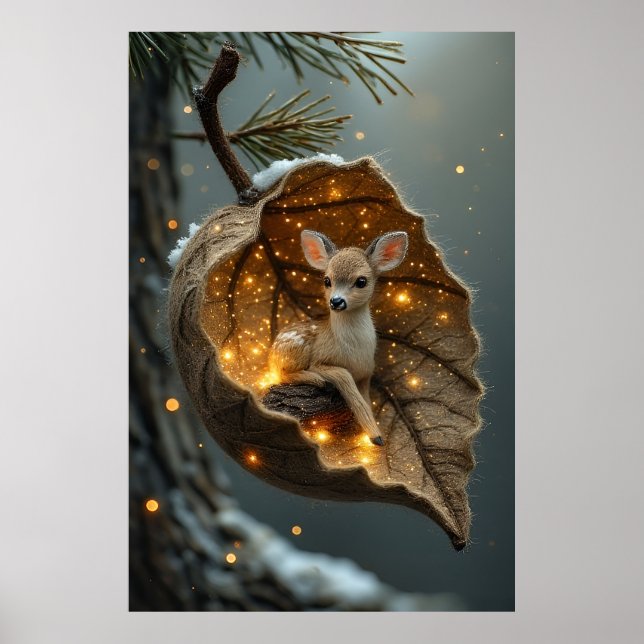 🦌 Enchanted Winter Fawn – Glowing Leaf Cocoon Poster (Front)