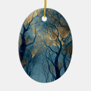 Enchanted Winter Forest with Glowing Golden Trees Ceramic Ornament